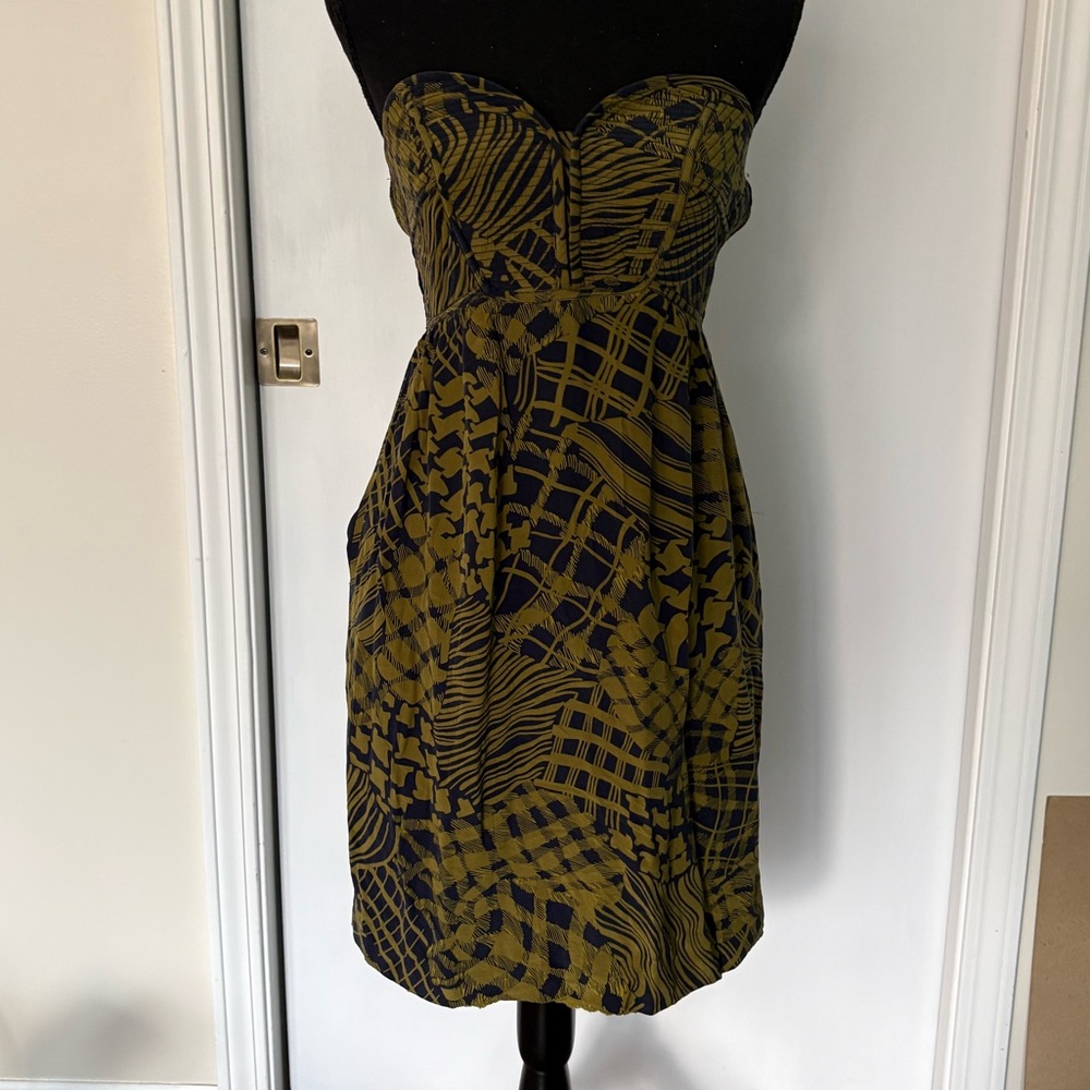 Anthropologie Olive and Blue Strapless Printed Dress